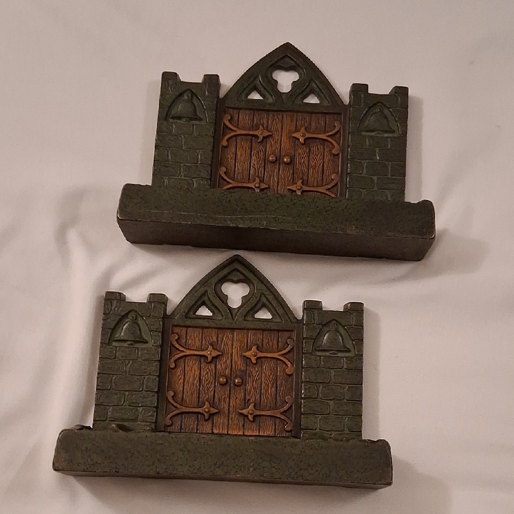 Antique 1910 Cast Iron Gothic Castle Wall Decor in Green and Brown